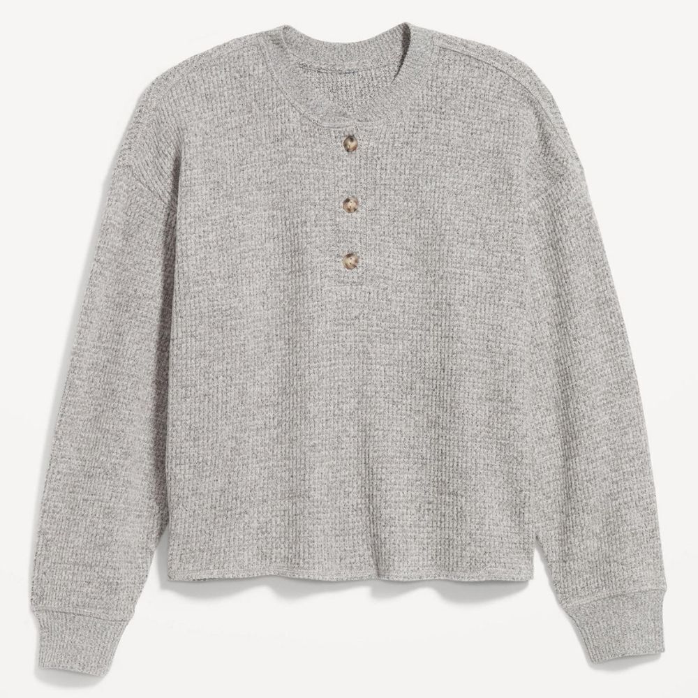 Old Navy Gray Oversized Cozy Waffle Henley Cropped Top Size Small - Picture 9 of 12
